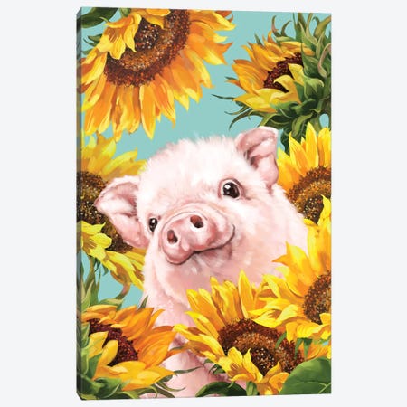 Baby Pig With Sunflower Canvas Print #BNW89} by Big Nose Work Art Print