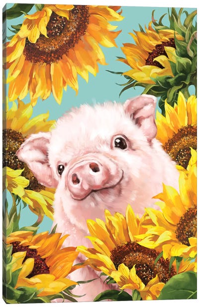 Baby Pig With Sunflower Canvas Art Print - Pig Art