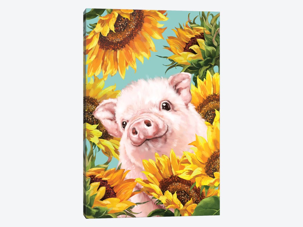 Baby Pig With Sunflower by Big Nose Work 1-piece Canvas Artwork