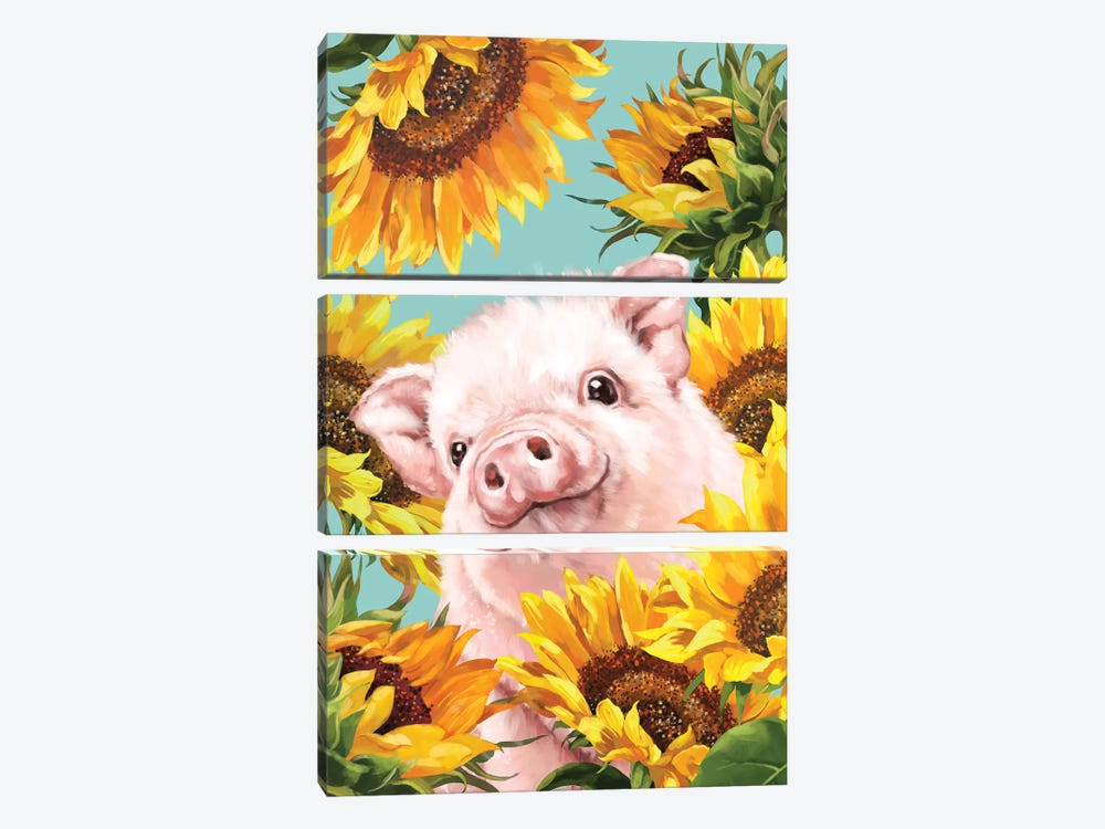 Baby Pig With Sunflower by Big Nose Work 3-piece Canvas Art