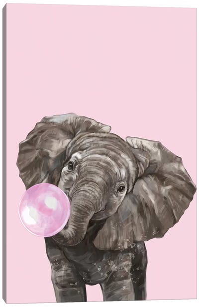 Bubble Gum Elephant In Pink Canvas Art Print - Bubble Gum