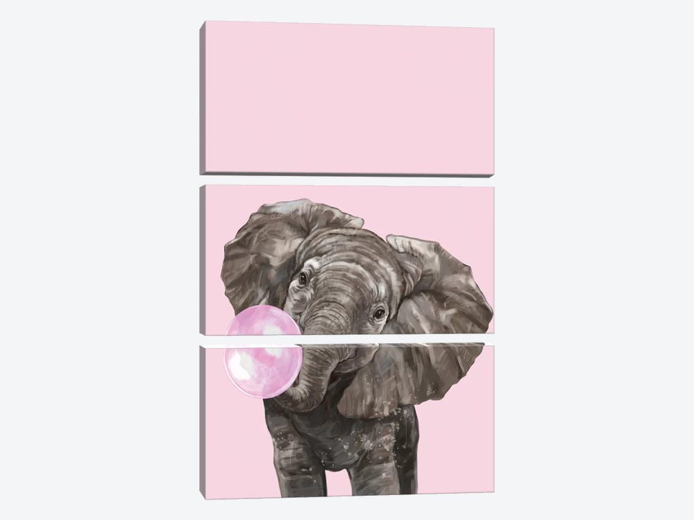 Bubble Gum Elephant In Pink by Big Nose Work 3-piece Canvas Wall Art