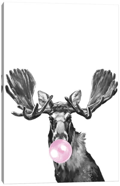 Bubble Gum Moose Black And White Canvas Art Print - Moose Art