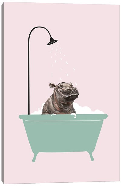 Hippo In Bathtub Canvas Art Print - Kids Bathroom Art
