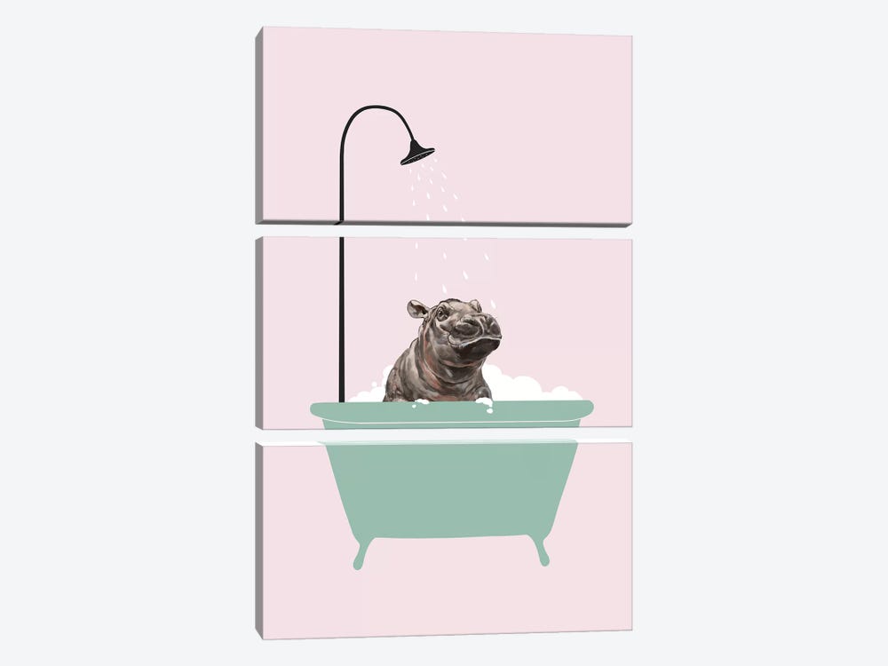 Hippo In Bathtub by Big Nose Work 3-piece Canvas Art Print