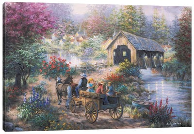 Merriment At Covered Bridge Canvas Art Print - Nicky Boehme