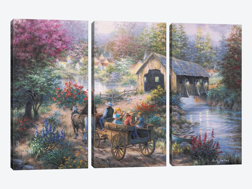 Merriment At Covered Bridge by Nicky Boehme 3-piece Canvas Art Print