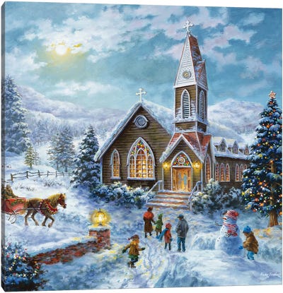 Parents Pray, Children Play Canvas Art Print - Christmas Scenes