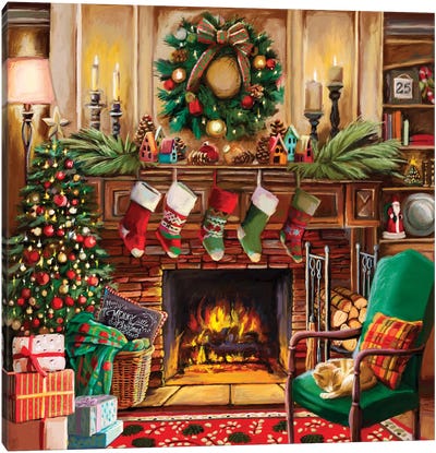 Fireside Christmas Canvas Art Print - Large Christmas Art