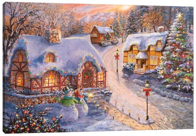 Winter Cottage Glow Canvas Art Print - Snowscape Art