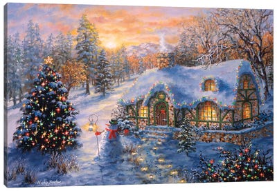 Christmas Cottage I Canvas Art Print - Christmas Trees & Wreath Art