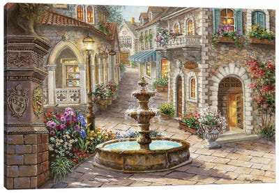 Cobblestone Fountain Canvas Art Print - Village & Town Art