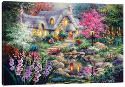 Cottage Pond Canvas Art Print - Garden & Floral Landscape Art