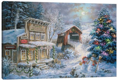 Country Shopping Canvas Art Print - Christmas Trees & Wreath Art