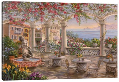 Dining On The Terrace Canvas Art Print - Coastal Village & Town Art