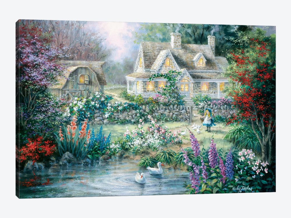 Feeding Geese by Nicky Boehme 1-piece Canvas Artwork