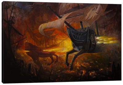 Spanish Galleons On Fire Canvas Art Print - Similar to Salvador Dali