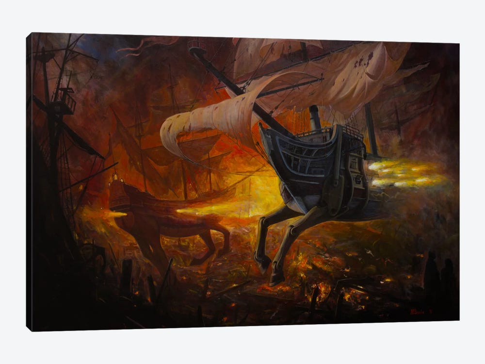 Spanish Galleons On Fire by Adrian Borda 1-piece Art Print