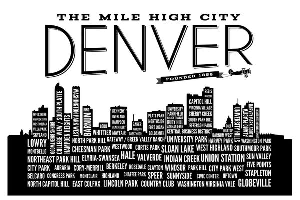 Black & White Scenic Art: Denver Neighborhoods Skyline by Benton Park Prints