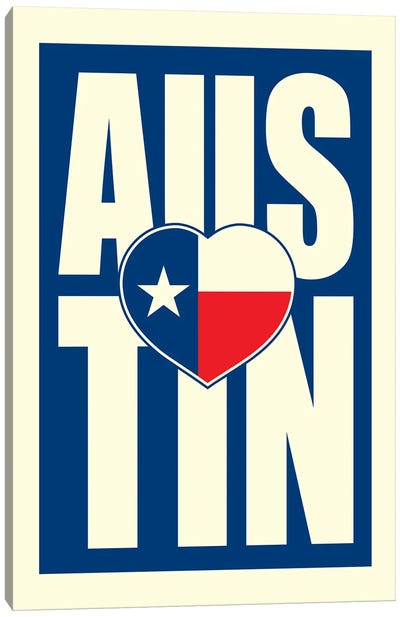 Austin Typography Heart Canvas Art Print - U.S. State Flag Art