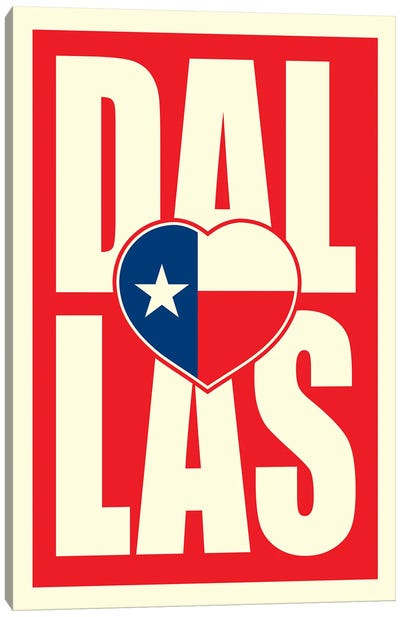 Dallas Typography Flag Heart Canvas Art Print - Dallas Art