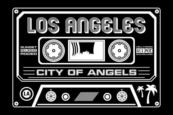 Black & White Pop Culture Art: Los Angeles Cassette - Dark Background by Benton Park Prints