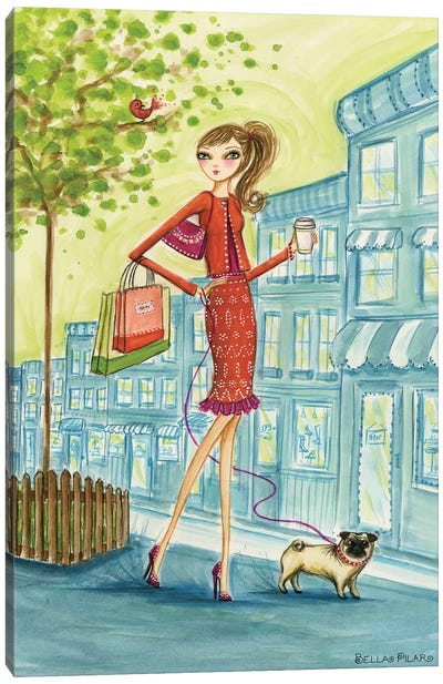 Shop the City Shopping With Doggie Canvas Art Print - Shopping Art