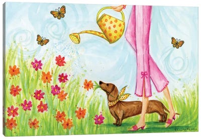 Pretty Garden Puppy Canvas Art Print - Colorful Spring