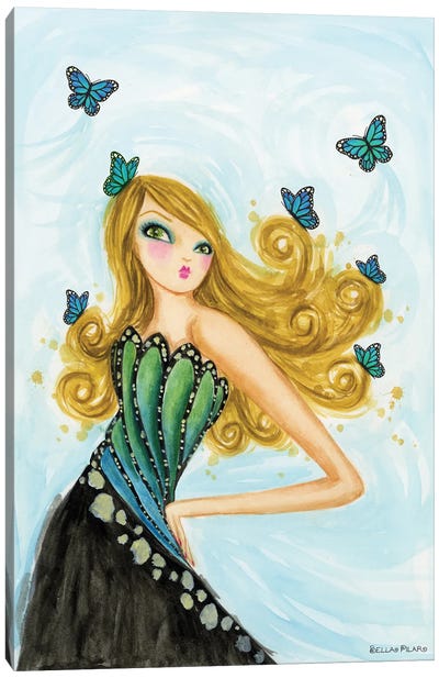 Blue Butterfly Girl Canvas Art Print - Bella Pilar