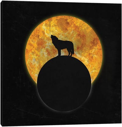 Wolf On The Moon Canvas Art Print - Wolf Art