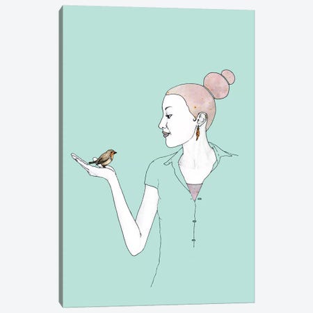 Girl With Robin Canvas Print #BRF27} by Barruf Canvas Wall Art