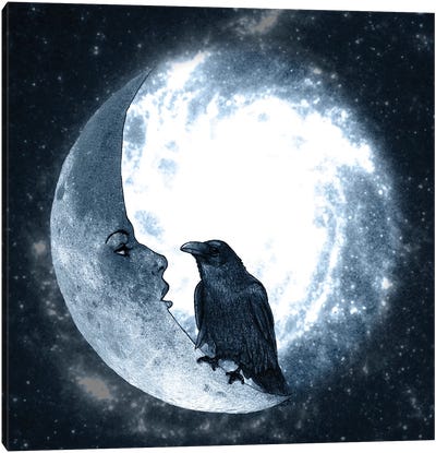 The Crow And Its Moon Canvas Art Print - Galaxy Art
