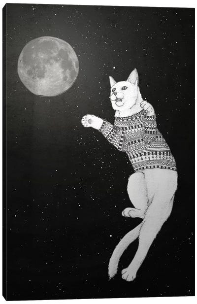 Cat Trying To Catch The Moon Canvas Art Print - Full Moon Art