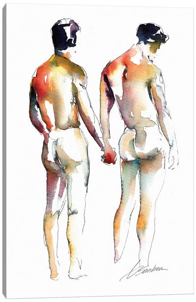 Nude Walkers In Love Canvas Art Print - Subdued Nudes