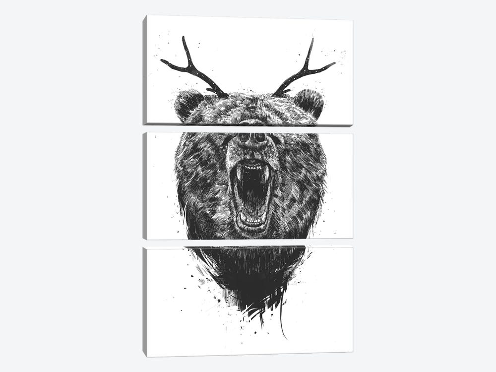 Angry Bear With Antlers by Balazs Solti 3-piece Canvas Wall Art