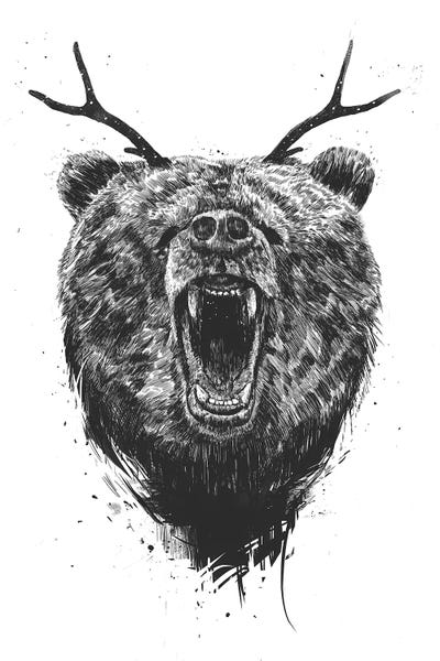 Black & White Drawings & Illustrations: Angry Bear With Antlers by Balazs Solti
