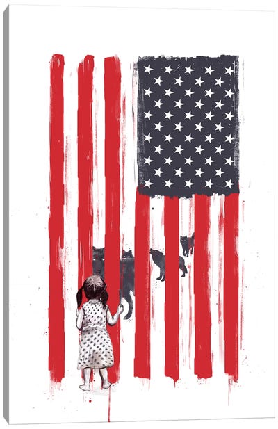 Little Girl And Wolves Canvas Art Print - American Flag Art