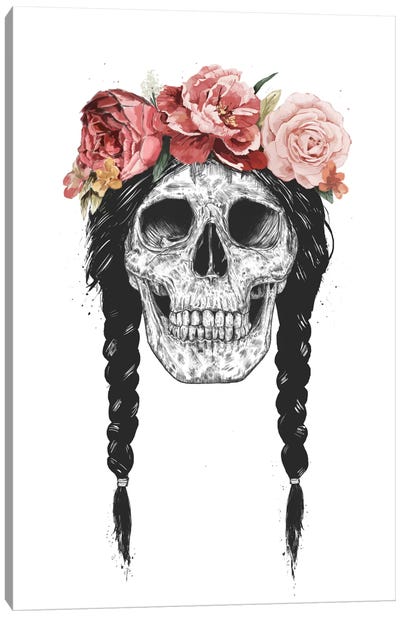 Skull With Floral Crown Canvas Art Print - Día de los Muertos Art