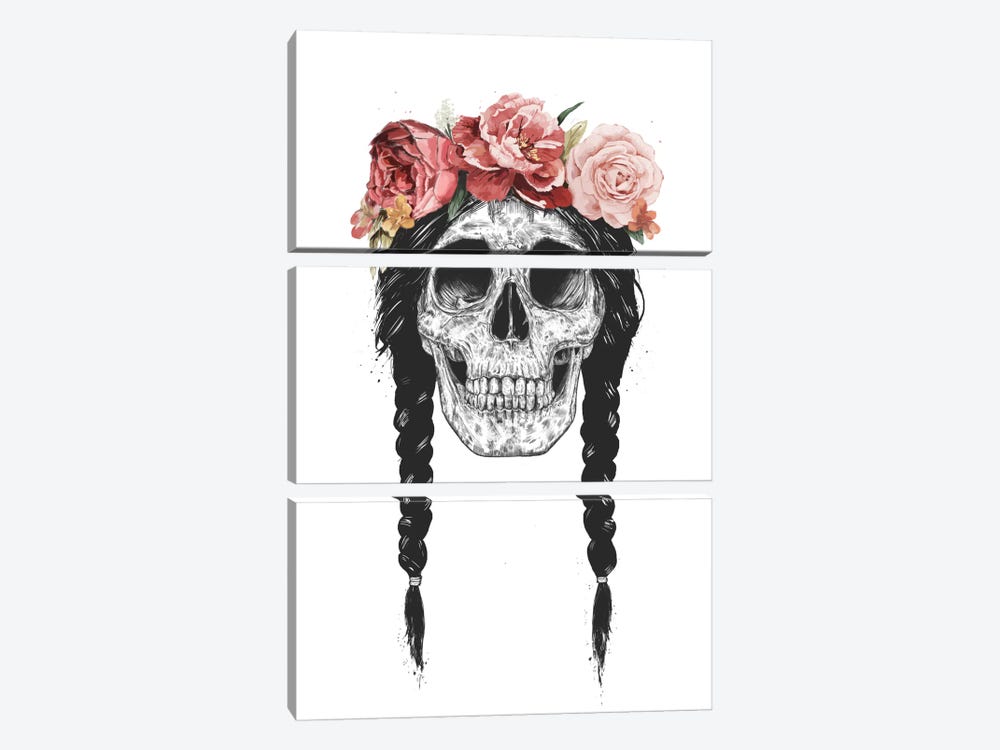 Skull With Floral Crown by Balazs Solti 3-piece Canvas Print