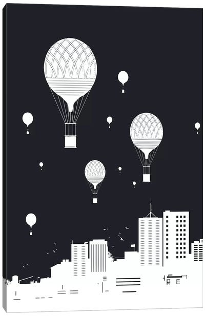 Balloons And The City Dark Canvas Art Print - Black & White Cityscapes