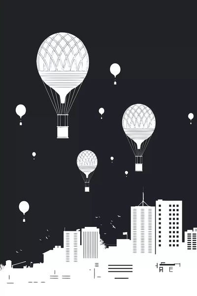 Black & White Cityscapes: Balloons And The City Dark by Balazs Solti