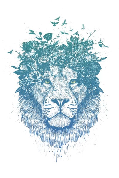 Black & White & Blue: Floral Lion by Balazs Solti