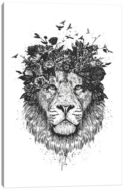 Floral Lion In Black And White Canvas Art Print - White Art