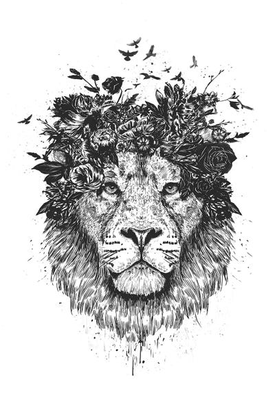 Lions: Floral Lion In Black And White by Balazs Solti