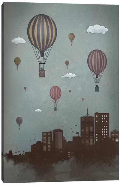 Balloons & The City Canvas Art Print - Hot Air Balloon Art
