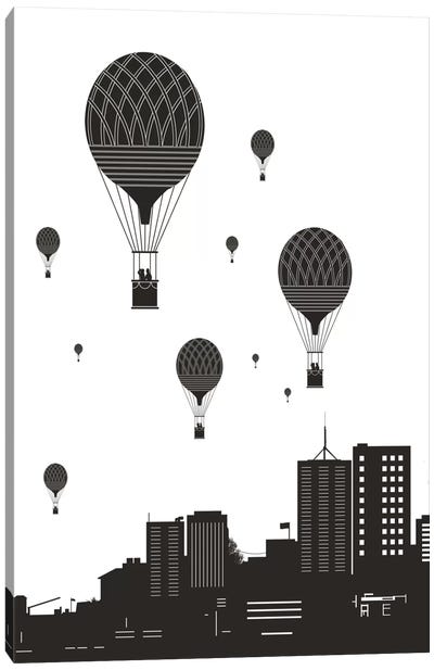 Balloons And The City Canvas Art Print - Hot Air Balloon Art