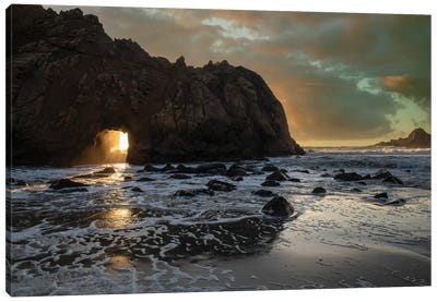 Sunset Shines Through A Tunnel In This Sea Rock At Big Sur Canvas Art Print - Big Sur Art