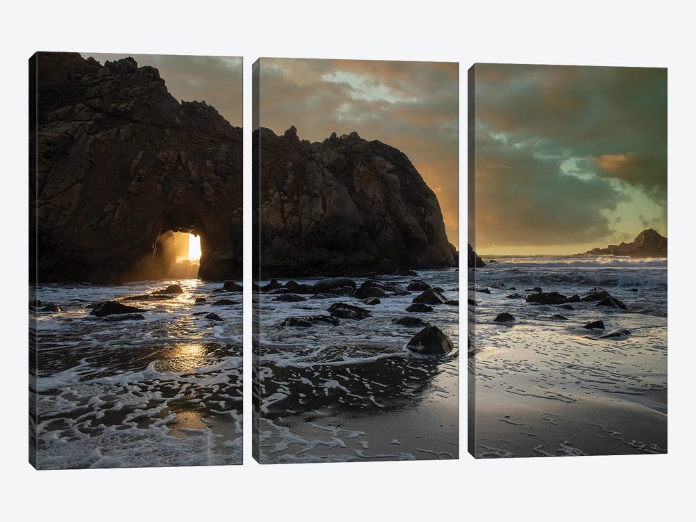 Sunset Shines Through A Tunnel In This Sea Rock At Big Sur by Betty Sederquist 3-piece Art Print
