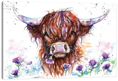 Highland Cow Among The Thistles Canvas Art Print - Farm Animal Art