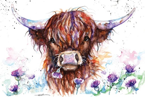 Farm Animals: Highland Cow Among The Thistles by BebesArts